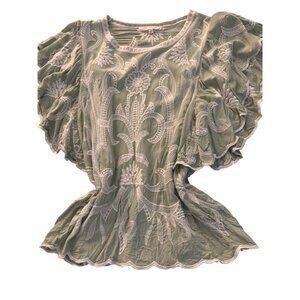 Solitaire Womens Embroidered Blouse S Flutter Sleeve Green Top